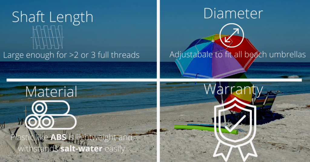 Guide de l'acheteur des meilleures ancres de parasol de plage : savoir ce qu'il faut rechercher : longueur de la tige, matériau, diamètre et garantie.