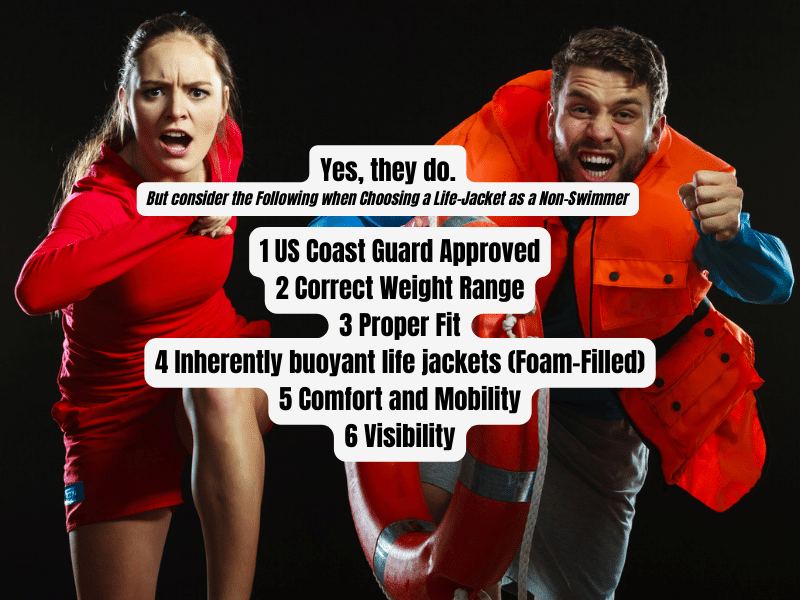 Do Life Jackets work if you can't Swim? Yes, they do.But consider the Following when Choosing a Life-Jacket as a Non-Swimmer: 1 US Coast Guard Approved2 Correct Weight Range3 Proper Fit4 Inherently buoyant life jackets (Foam-Filled)5 Comfort and Mobility6 Visibility